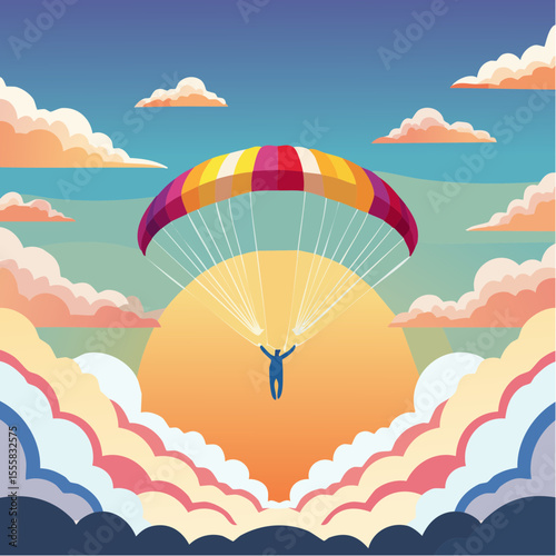 skydiver free-falling through clouds with parachute icon in background