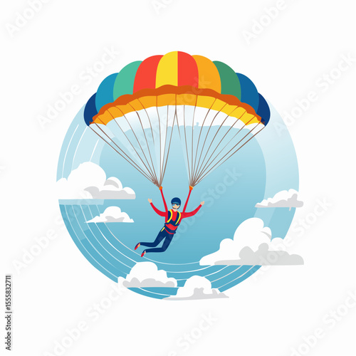 skydiver free-falling through clouds with parachute icon in background