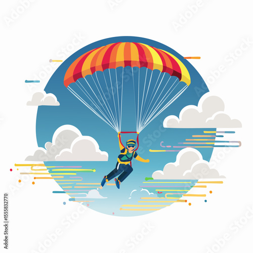 skydiver free-falling through clouds with parachute icon in background