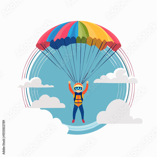 skydiver free-falling through clouds with parachute icon in background