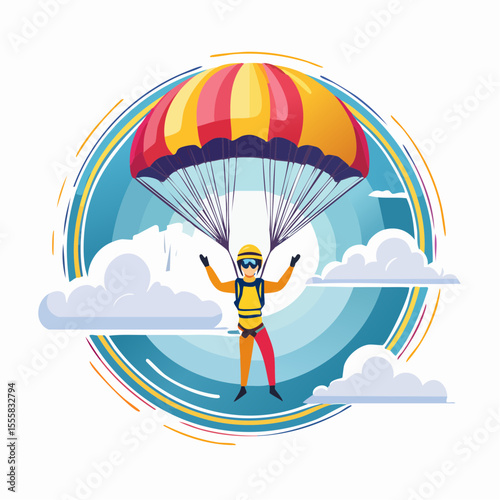 skydiver free-falling through clouds with parachute icon in background