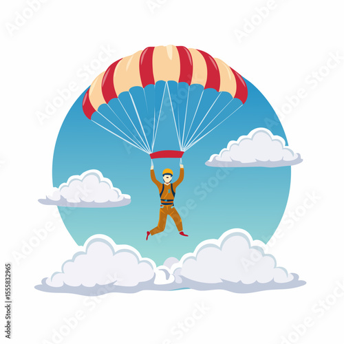 skydiver free-falling through clouds with parachute icon in background