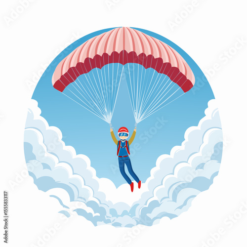 skydiver free-falling through clouds with parachute icon in background