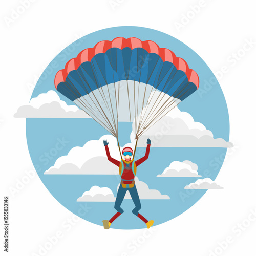 skydiver free-falling through clouds with parachute icon in background