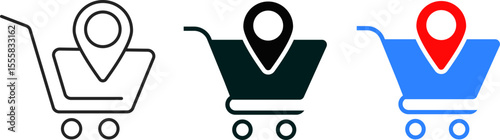 store location icon set. pin icon with cart and path. retail activities settings. concept of e commerce map pin shop address
