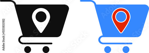 store location icon set. pin icon with cart and path. retail activities settings. concept of e commerce map pin shop address
