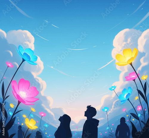 couple see the sky and flowers