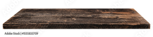 A rustic wooden shelf with rough texture and dark aged grain, isolated on a white background, ideal for product display or vintage presentation design concepts,