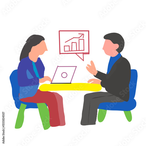 7. Business Meeting Illustration
Corporate vector illustration of two professionals discussing data at a desk with a graph screen in background, perfect for business or teamwork concepts.