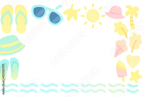 Cute pastel-colored summer frame with sunglasses, flip-flops, sun, ice cream, and beach elements on white background. AI-generated.
