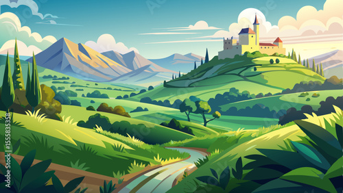 A beautiful landscape featuring rolling hills and lush greenery with a majestic castle visible in the distance. The scene captures serene natural beauty, with soft sunlight highlighting the castle’s