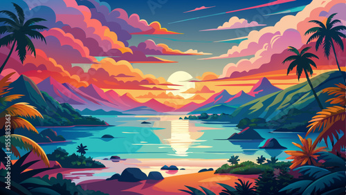 Stunning colorful sunset sky filled with vibrant clouds over the horizon of the South Pacific Ocean. A serene lagoon landscape in Moorea with calm turquoise waters, lush greenery, and tropical vibes