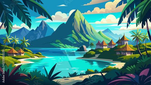 Breathtaking lagoon landscape in Moorea, French Polynesia, South Pacific. Crystal clear turquoise waters surrounded by lush tropical vegetation and dramatic mountain peaks in the background