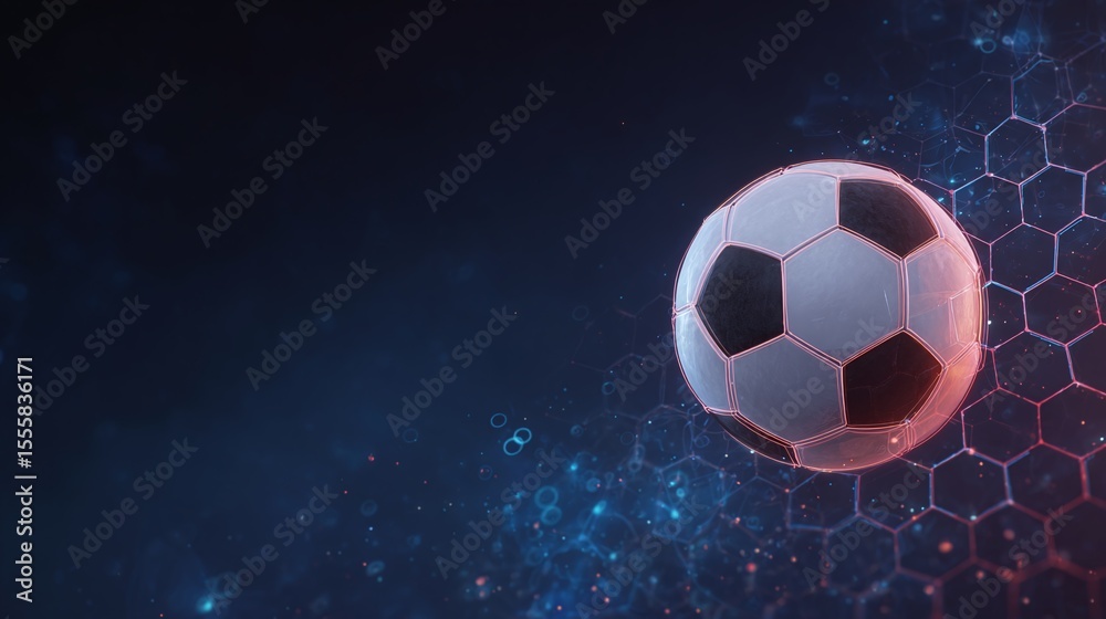 Naklejka premium High-tech soccer ball design with futuristic hexagon pattern. Dynamic composition perfect for sports-themed graphics or digital content, capturing energy and innovation.