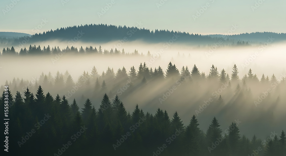 Fototapeta premium Sun rays breaking through the morning fog in a dense, misty pine forest. An atmospheric and mysterious mountain landscape with layered trees. 