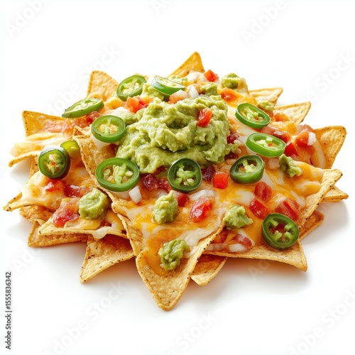 Crispy nachos with melted cheese, guacamole, and jalapenos, isolated on white background.