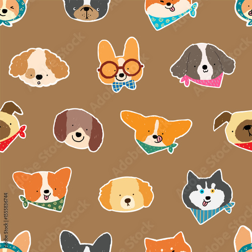 Seamless Pattern with Cute Cartoon Dog Face Design on Brown Background. Hand Drawn Vector Illustration.