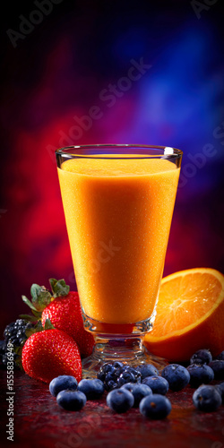 Vibrant Orange Juice with Fresh Berries on Colorful Background