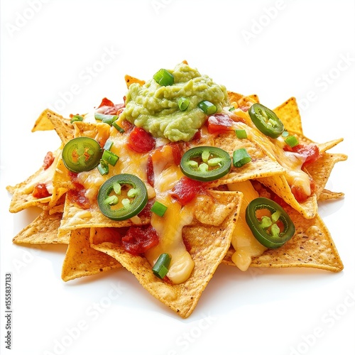 Crispy nachos with melted cheese, guacamole, and jalapenos, isolated on white background.