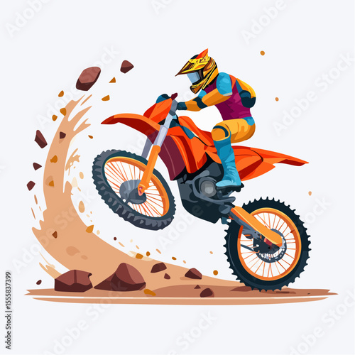 desert motocross rider kicking up dust, cacti and rocks in the background
