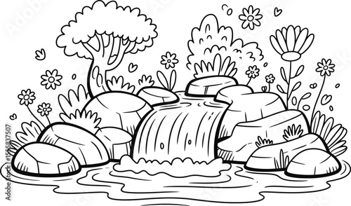 Cartoon waterfall scene with rocks flowers and trees outline for coloring