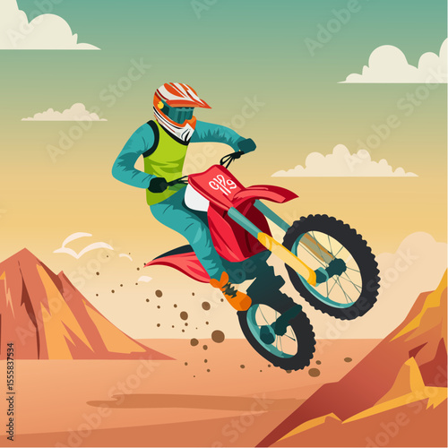 desert motocross rider kicking up dust, cacti and rocks in the background