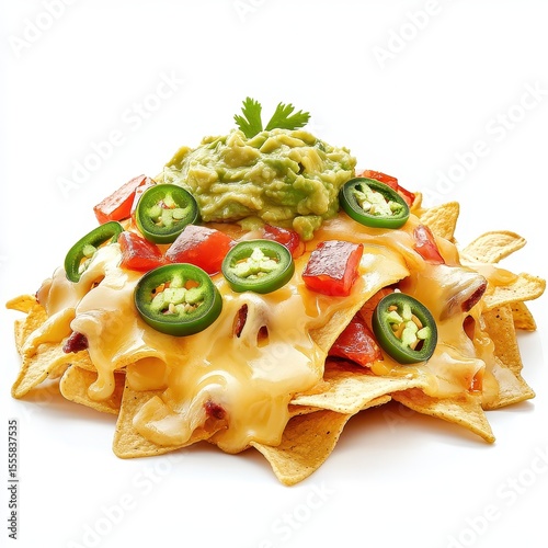 Crispy nachos with melted cheese, guacamole, and jalapenos, isolated on white background.