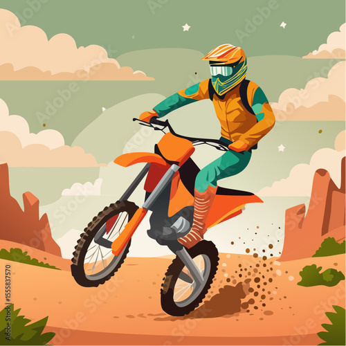 desert motocross rider kicking up dust, cacti and rocks in the background