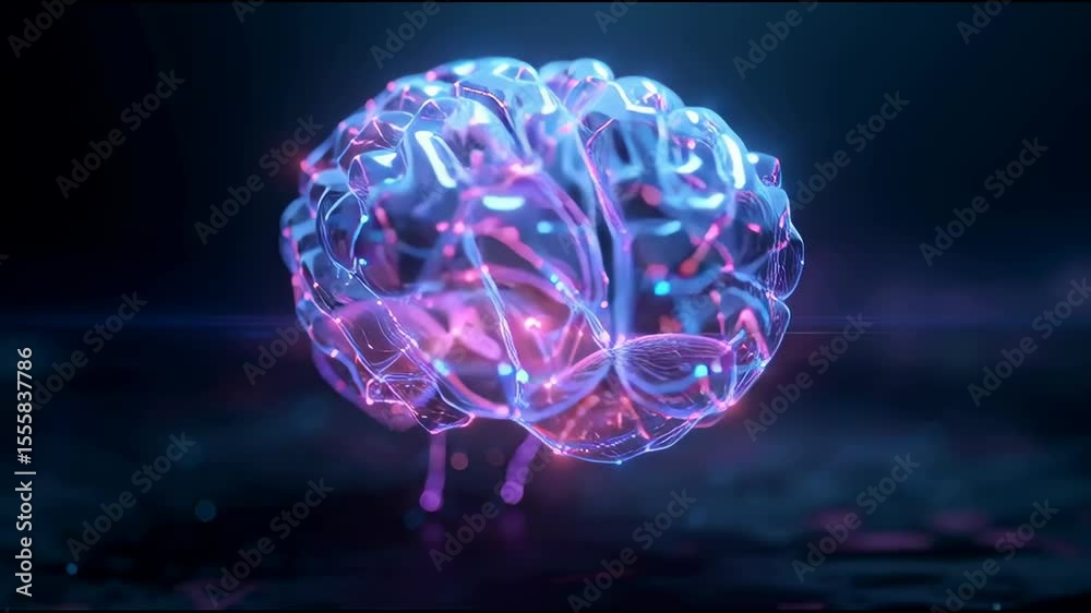 a 4k 3d rendered illustration of a futuristic digital holographic human brain rotating / spinning in motion loop. 16:9, medical usage like psychology ads 