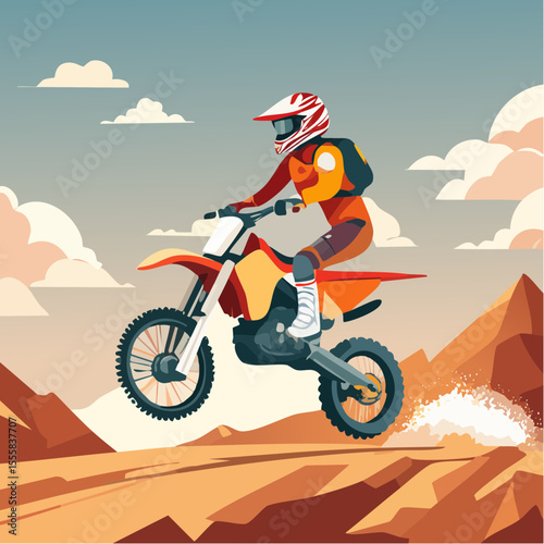 desert motocross rider kicking up dust, cacti and rocks in the background