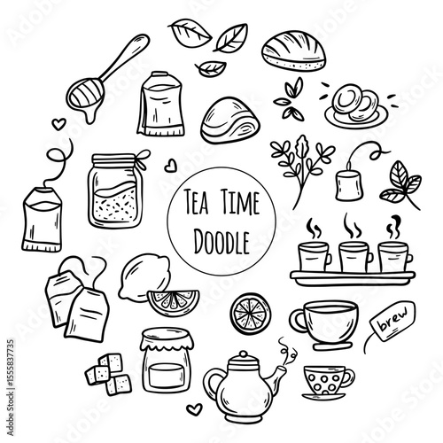 Herbal Tea Time Doodles. Minimalist Line Icons of Tea Rituals and Ingredients