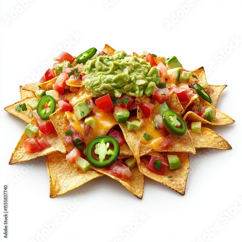 Crispy nachos with melted cheese, guacamole, and jalapenos, isolated on white background.