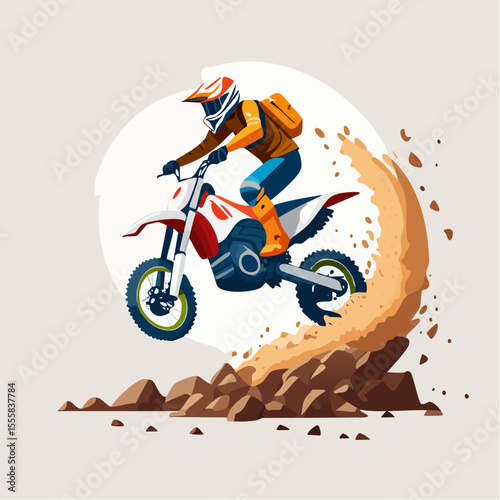 desert motocross rider kicking up dust, cacti and rocks in the background