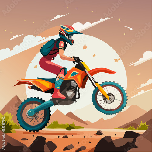 desert motocross rider kicking up dust, cacti and rocks in the background