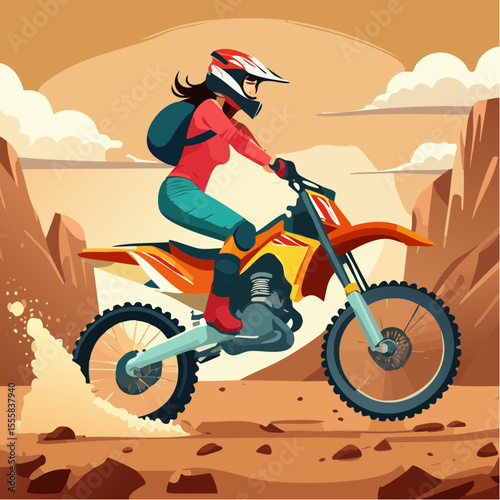 desert motocross rider kicking up dust, cacti and rocks in the background