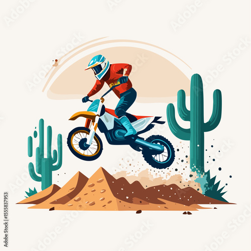 desert motocross rider kicking up dust, cacti and rocks in the background