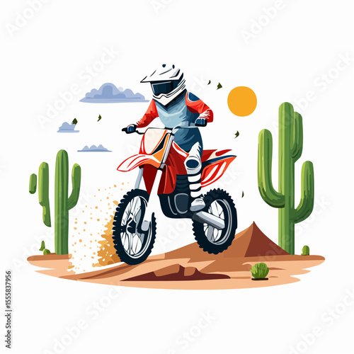 desert motocross rider kicking up dust, cacti and rocks in the background