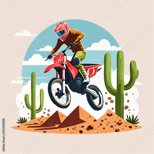 desert motocross rider kicking up dust, cacti and rocks in the background