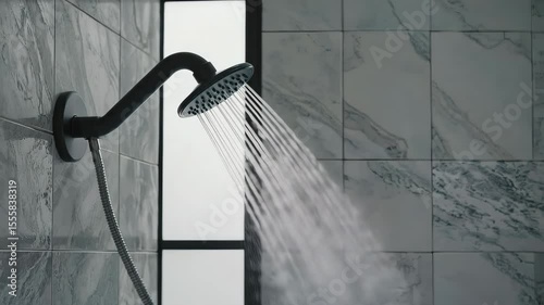 Water streams from modern shower head in elegant bathroom with marble tiles
