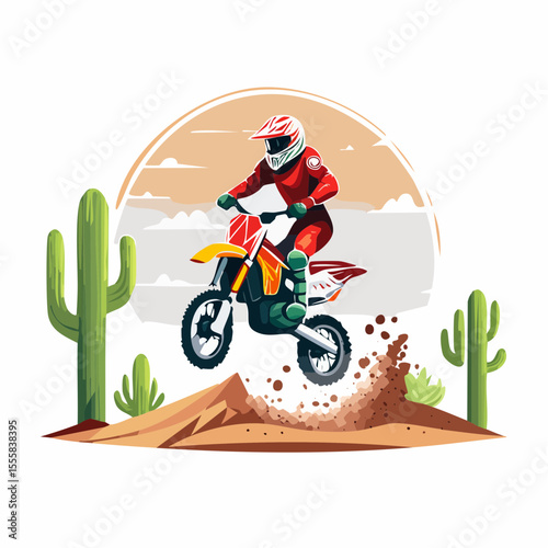 desert motocross rider kicking up dust, cacti and rocks in the background