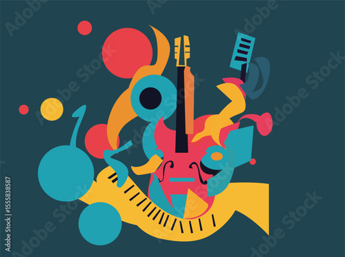 Seamless abstract pattern featuring colorful musical instruments and shapes in a modern flat design style. Includes guitars, trumpets, saxophones, drums, musical notes, and geometric elements in005