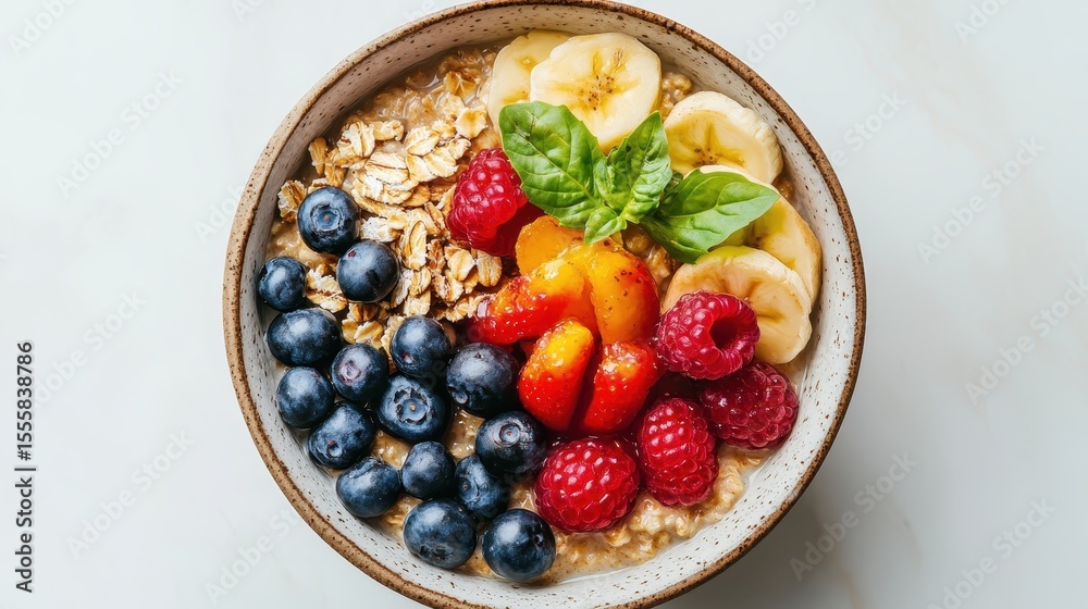 Oatmeal bowl with banana, raspberries, blueberries and basil leaf topping. It is good for promoting healthy breakfasts or diets on websites. Oatmeal bowl with banana, raspberries, blueberries and basil leaf topping. It is good for promoting healthy breakfasts or diets on websites.