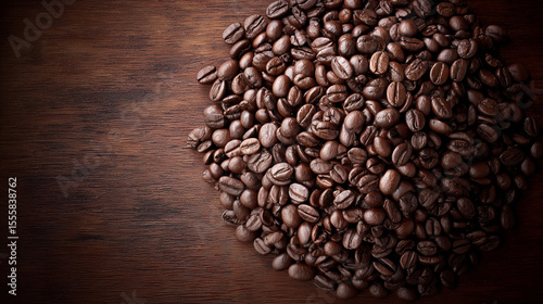 Fresh coffee beans arranged in a circle, warm and inviting tones. A celebration of natural aroma and rustic charm.