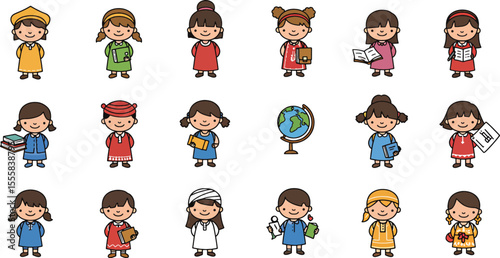 A collection of cartoon children in various outfits, holding objects, and smiling.