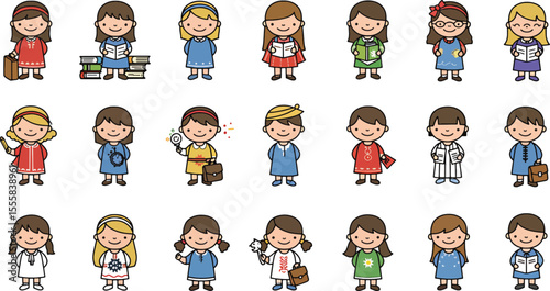 Cartoon illustrations of diverse girls in various outfits and activities,  representing different roles and interests.