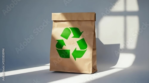 Eco-friendly paper bag promoting recycling with green logo under natural light