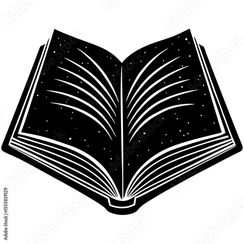 Open black book with white pages filled with stars and light rays