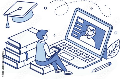 Online Education Illustration for E Learning and Digital Classes. Flat Style Online Learning Concept with Student and Laptop. Web Education Design with Books Laptop and Graduation Elements