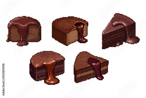 Pixel Art Chocolate Lava Cake & Slice Collection Delicious Desserts. Delectable collection of five distinct pixel art chocolate cakes and slices, beautifully in a pixel art.