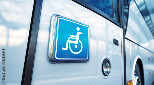 Modern accessible bus featuring blue signs for the blind and whe